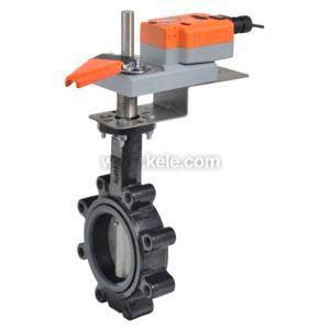 Large black circular butterfly valve body with multiple bolt holes, mounted on grey bracket and topped with orange actuator with wiring harness
