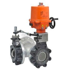 An industrial three-way valve unit featuring two black lugged butterfly valves attached to a silver T-piece and operated by an orange electric actuator with a side handwheel, shown against a white background.