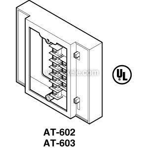 Line drawing of a rectangular electrical box with stacked screw terminals and mounting holes.