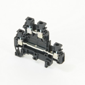 Black DIN-rail terminal block with two levels and screw terminals