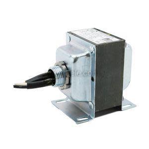 Metal low‑voltage transformer with mounting feet and black wires.
