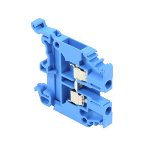 Blue plastic terminal block with metal contact inserts.