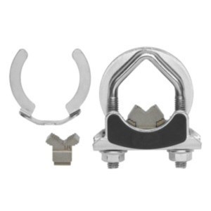 Set of metal hardware including a sturdy clamp with bolts and nuts, a split ring and a small serrated insert