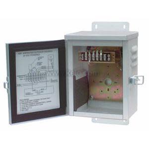 Gray metal enclosure with hinged door open showing wiring diagram and terminal block.