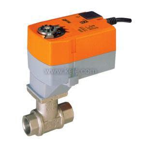 Brass ball valve connected to a rectangular orange actuator with a metal bracket