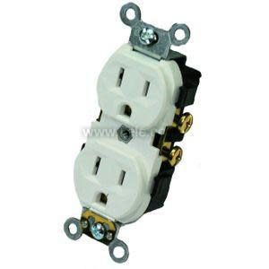 Standard white electrical wall outlet with two sets of three-slot sockets.