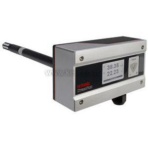 Metal rectangular device mounted on the wall with a rod-like sensor protruding and a small display showing two numbers.