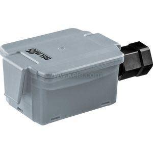 Grey plastic junction box with cable gland.