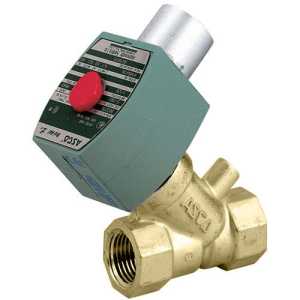 Angled brass Y-shape valve with a tilted green coil housing and red knob used for steam control.
