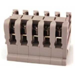 Compact grey multi-terminal block designed for DIN rail, with screw connectors