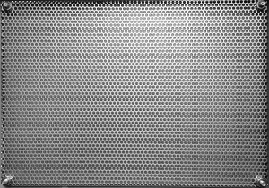 Flat rectangular sheet of metal with many evenly spaced holes and four bolts inserted at the edges.