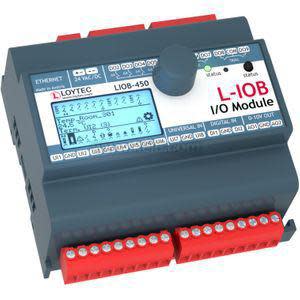 Grey L-IOB‑450 control module featuring a display screen, rotary knob, and two rows of red connector terminals.