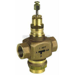 Brass three‑way valve with three threaded openings and a long threaded stem protruding from the top