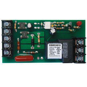 Rectangular green printed circuit board containing resistors, transistors, screw terminals and a black relay.