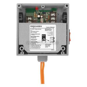 Square grey box with cover removed revealing a printed label, circuit board with terminals and orange wires at the bottom