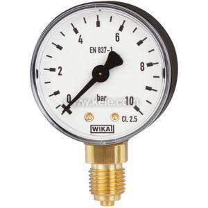Round pressure dial marked in bar units with a black pointer and brass threaded fitting.