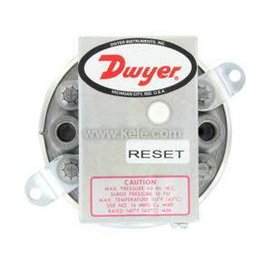 Circular grey housing with a white rectangular cover labeled "Dwyer" and reset button in center.