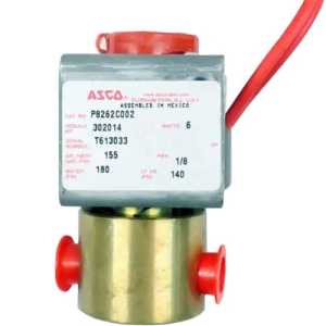 Small brass cylinder valve with a grey top labeled with specifications, red cap and red ports connected by a red wire