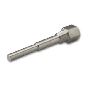 Smooth cylindrical stainless steel well with hexagonal threaded fitting on one end