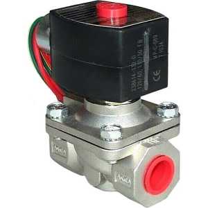 compact stainless steel solenoid valve with a black coil featuring a red button, colored wires, and two red-capped ports on a rectangular valve body secured by four screws