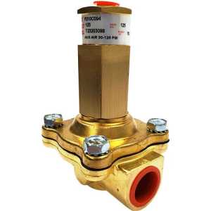 Close-up of a gold-colored brass valve with a tall square stem and a red-capped side port held together with bolts