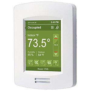 White wall-mounted touchscreen thermostat with large color display; screen shows indoor temperature 73.5° and humidity levels.