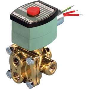 Photo of a compact brass solenoid valve used for fluids, featuring a green square coil housing with a red circular button on top and attached wiring.