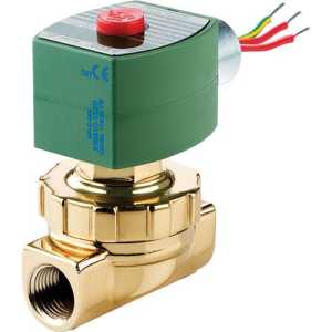 A brass cylindrical valve with a union nut, topped by a green square solenoid coil with a red button and colored wires.