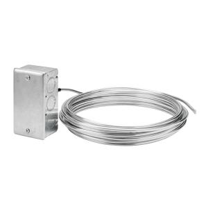 Metallic junction box with knockouts attached to a long coil of shiny tube‑like sensor cable