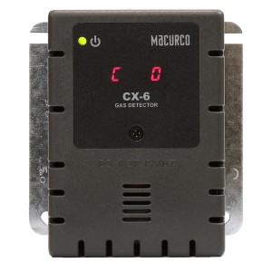 Compact dark grey gas detector labeled CX‑6 with red LED display showing 'CO', green indicator light and ventilation slots