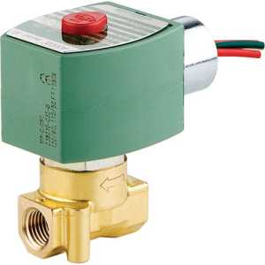 Compact brass solenoid valve featuring a green square actuator with a red cap and multicolored wires extending from one end