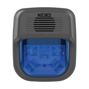 Grey Macurco alarm with speaker slots and blue strobe lens.
