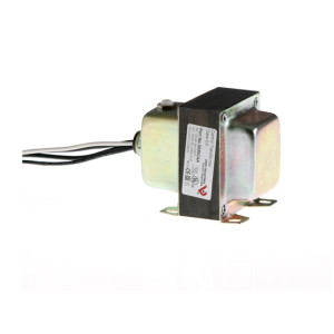 Small transformer with gold-toned metal housing and black laminated core, with black and white wires attached.