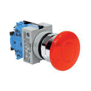 Red emergency stop push button switch with blue base and large round actuator