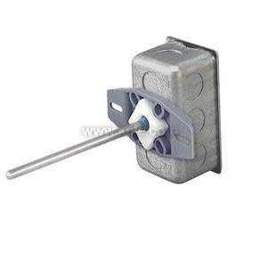 Rectangular metal housing with mounting bracket and thin metal probe attached