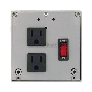 Square grey panel featuring two black electrical outlets and a red reset/off rocker switch