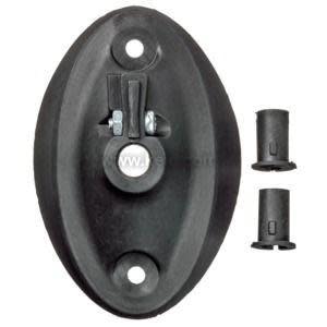 Black oval-shaped mounting plate with a central hole and two smaller bushings included for installation.