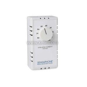 Rectangular white humidity sensor featuring a round dial labeled 0–90 percent and vent slots on the sides.