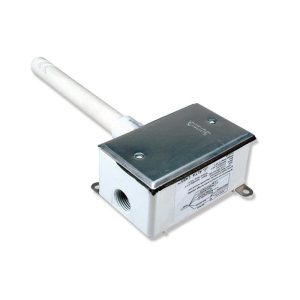 A small rectangular metal box with two mounting tabs and a metal top, with a long white cylindrical probe extending from one side, used as a duct temperature sensor.
