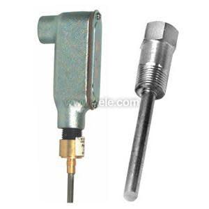 Metal-bodied temperature sensor with a long cylindrical probe and an accompanying threaded stainless steel thermowell