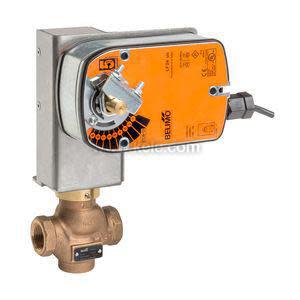 Bronze three‑way valve with orange Belimo actuator and adjustment knob.