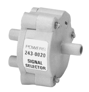 Grey cylindrical pneumatic device labeled 243-0020 signal selector with several round port stubs