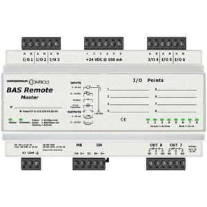 Industrial BAS Remote Master unit from Contemporary Controls featuring multiple I/O terminals, labelled inputs and outputs, and green indicator lights