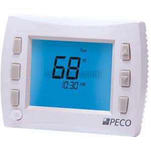 PECO thermostat with blue screen and buttons.