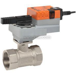 Metal ball valve with threaded ends topped by a compact orange and gray motorized actuator with a black lever.