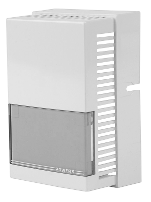 A white rectangular box with a series of parallel slots on the side and a small smoked plastic window near the bottom, labeled 'Powers'.