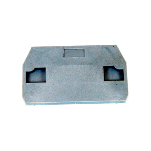 Gray plastic plate with two rectangular holes and angled corners, photographed on a white backdrop