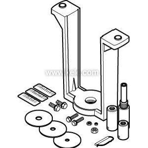 Engineering sketch of multiple bracket pieces and hardware for mounting an actuator