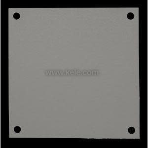 A flat square gray metal cover featuring a circular hole near each corner, used to close off an opening or mount equipment.