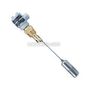 Thin rod device with a small metal float at its end, attached to a brass fitting and topped by a white electrical connector.